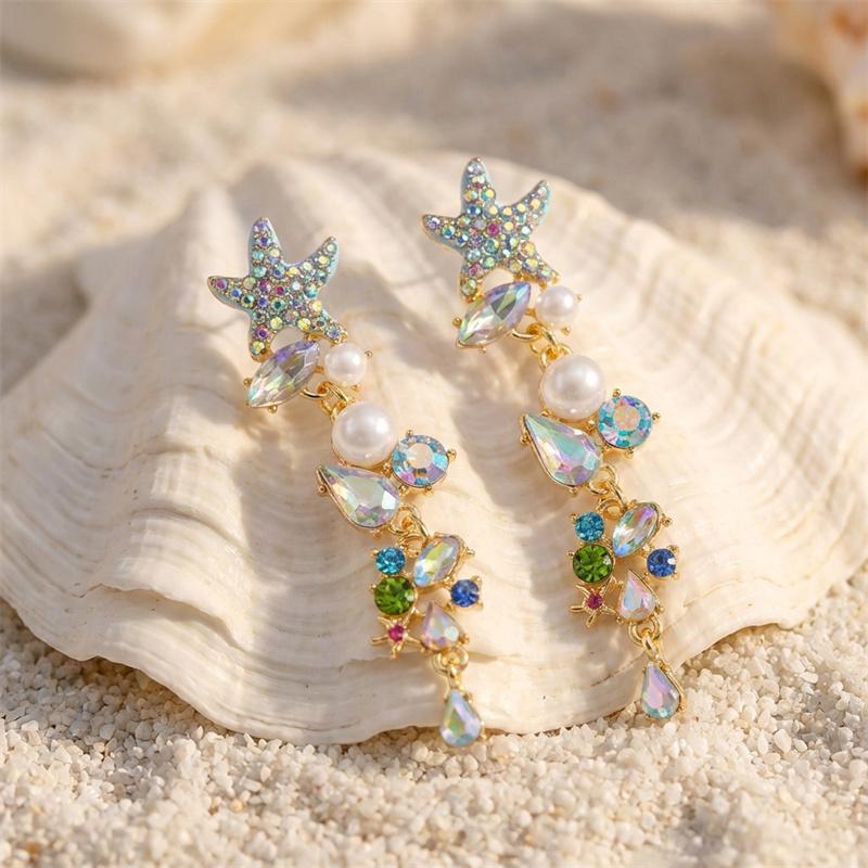 Pendiente Largo Colgante Estrella de Mar Coral Estilo Boho para Mujer Perla de Imitación Circonita de Colores Borla Larga Pendiente de Gota Joyería de Verano Playa Océano