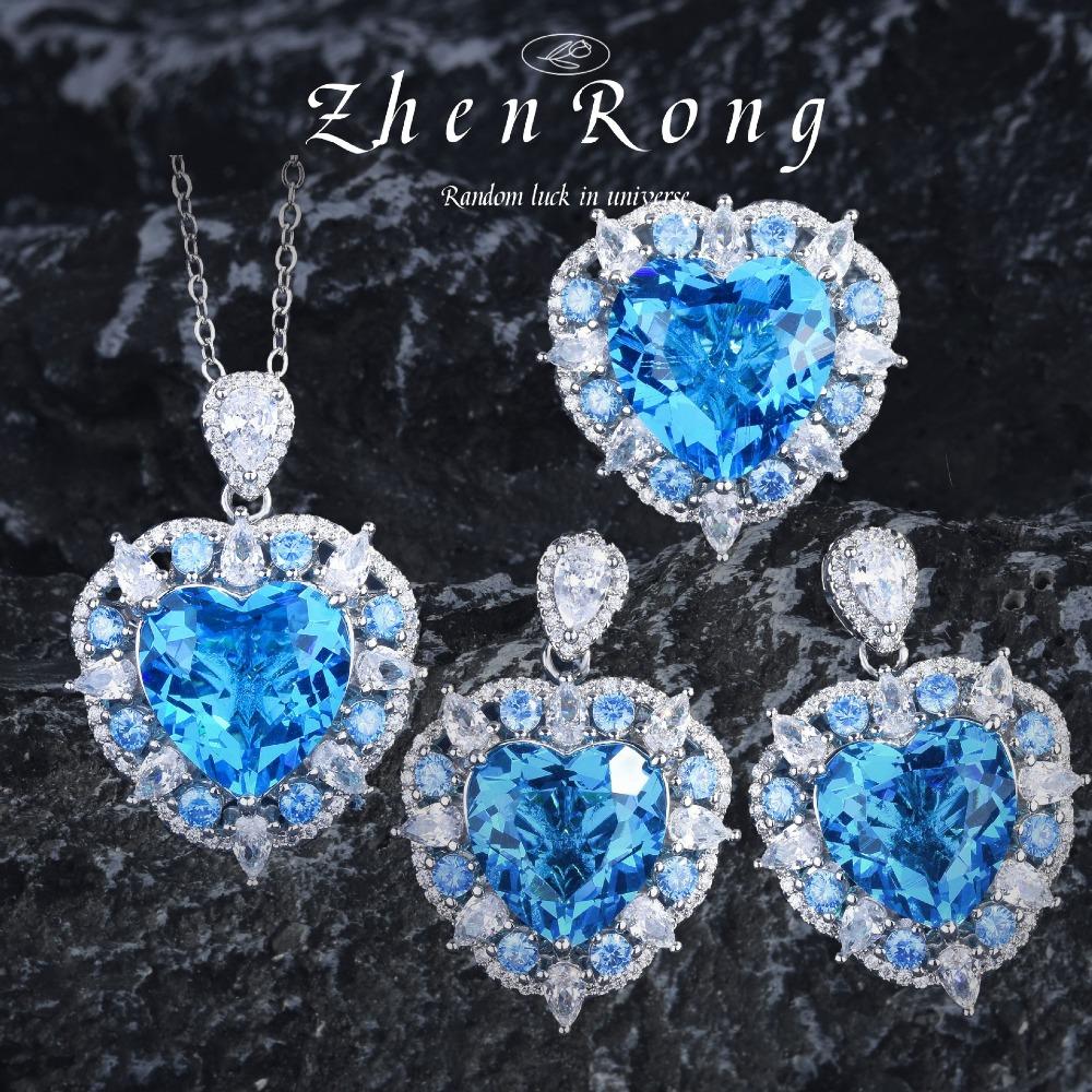 Luxury Handcrafted Topaz Heart Pendant Necklace Ocean Heart Ring Aquamarine Earrings Jewelry Set for Women