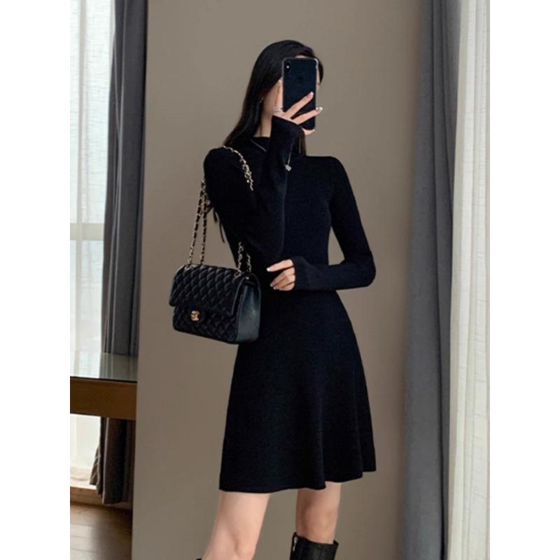 2024 Hepburn-Style Little Black A-Line Knit Dress - Autumn/Winter Slim Fit