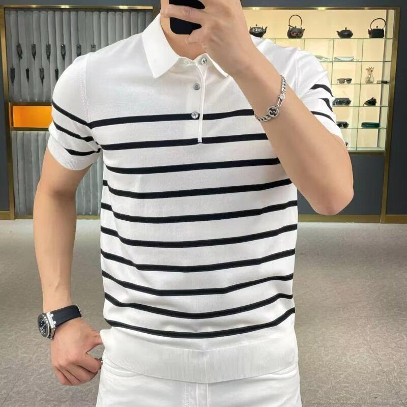 Men's Ice Silk Striped Polo Shirt - Light, Short-Sleeved, Summer 2024 Trend