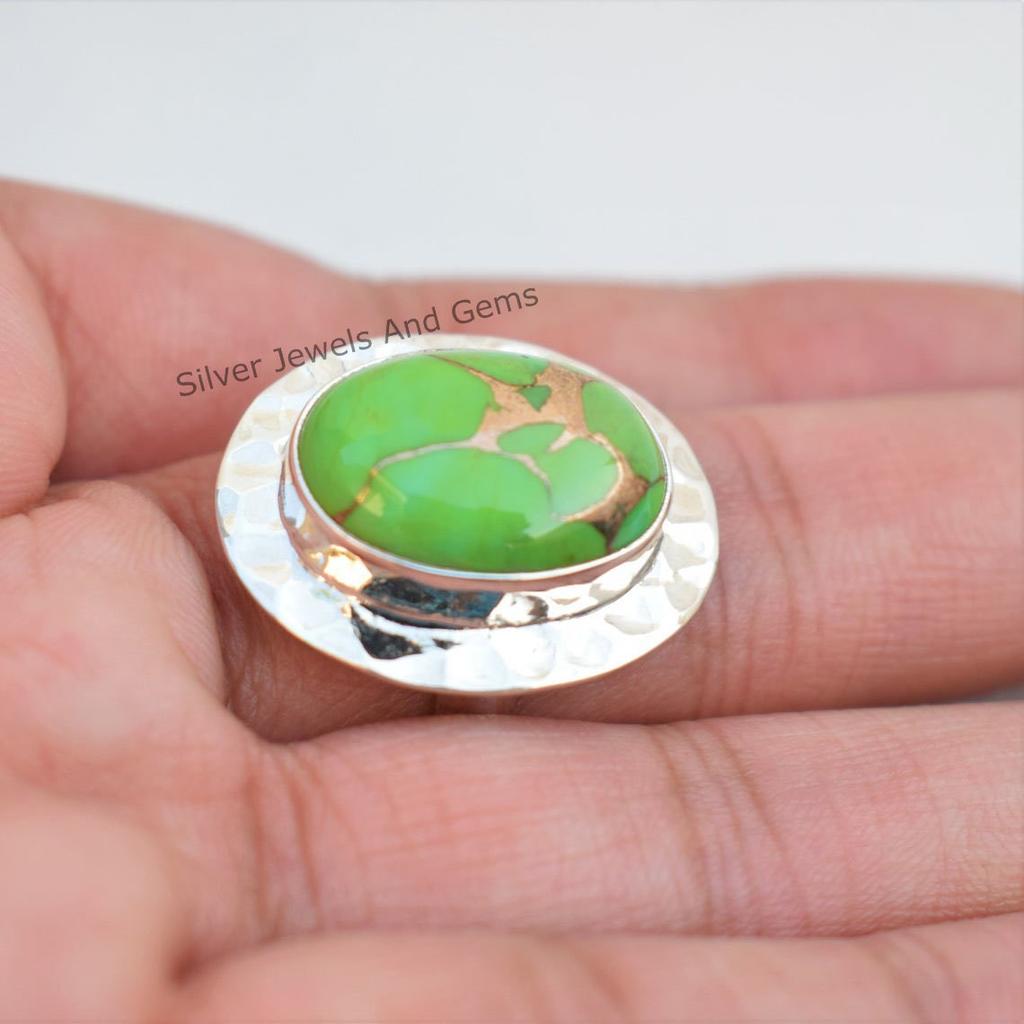 Hammered 925 Sterling Silver Green Turquoise Ring, Oval Copper Turquoise Hammered Ring