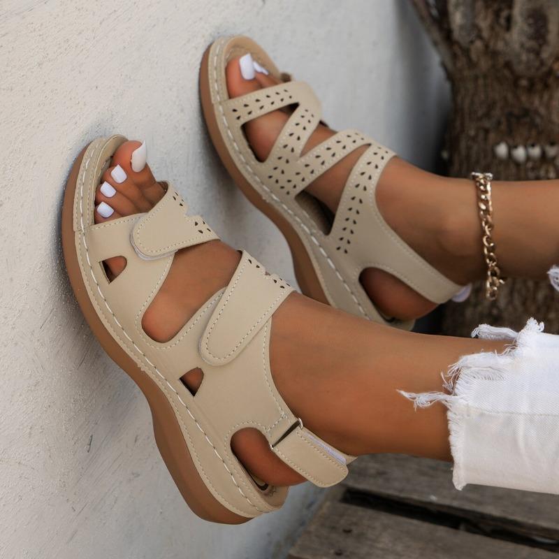 Summer New Sandals Thick Bottom Hollow Slope Heel Velcro Solid Color Breathable Open Toe