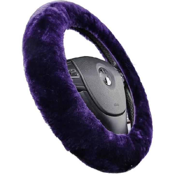 Fluffy Wool Sheepskin Fuzzy Black Car Steering Wheel Cover For Universal Auto Steering Wheel 14 1/2-15 1/2Inch, Anti-Slip, Soft Plush, Comforting And