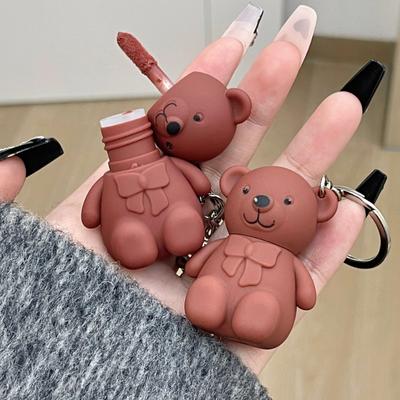 Cute Bear Matte Lip Mud Velvet Grey Pink Keychain Lipstick Waterproof Lasting Lip Glaze Cosmetics Portable Lip Gloss