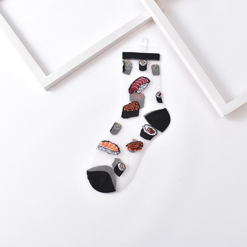 Ultra-thin Transparent Crystal Silk Socks Women Fashion Summer Harajuku Crew Socks Retro Flower Streetwear Elastic Long Socks