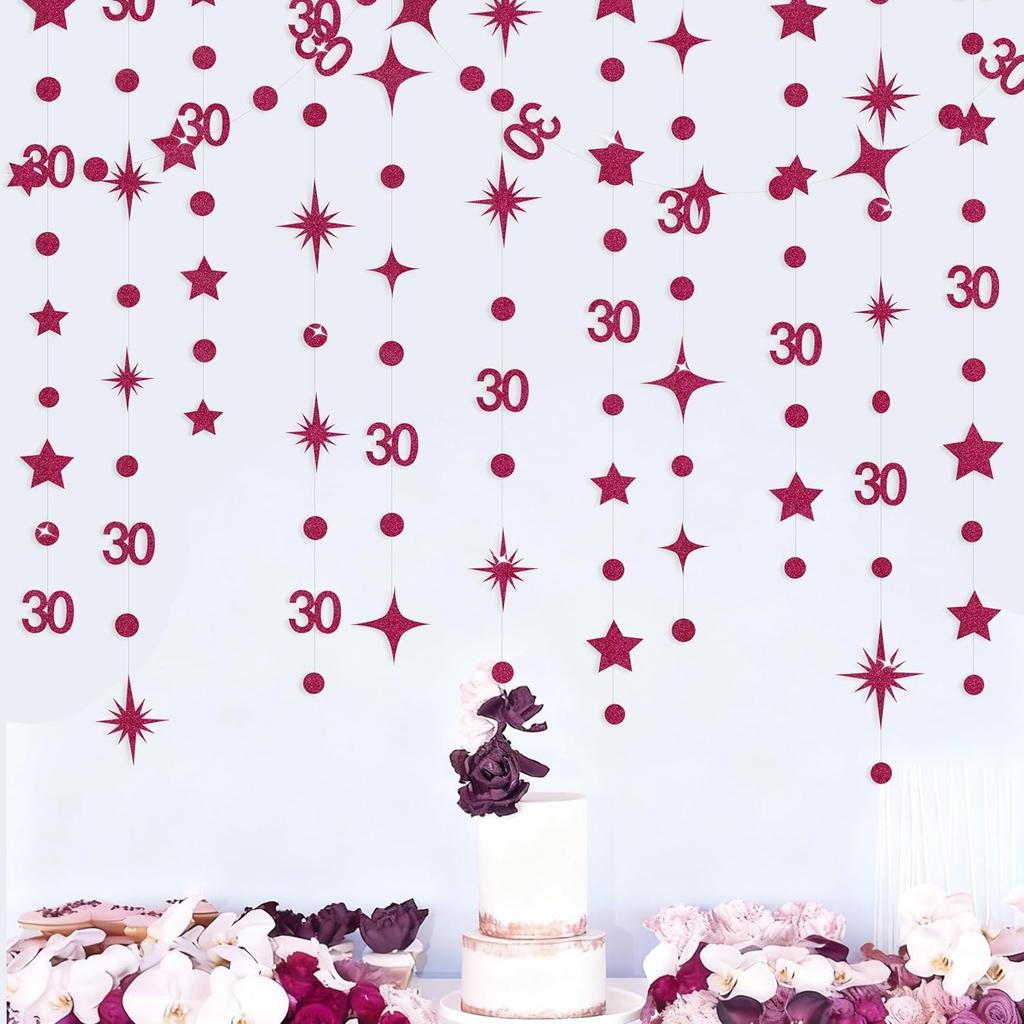 Black 30th Birthday Decorations Number 30 Circle Dot Twinkle Star Garland Metallic Hanging Streamer Bunting Banner Backdrop for Mens Womens Happy