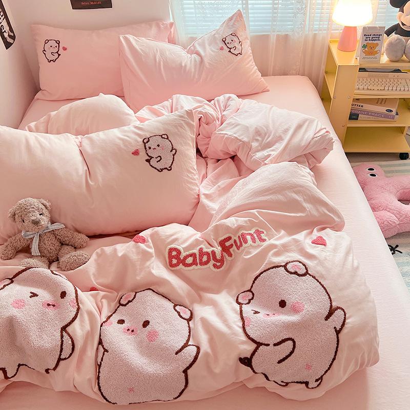 Håndkle Brodert Laken Dynetrekk Seng 4 stk Sett Vasket Bomull Student Tredelt Sett Sengetøy