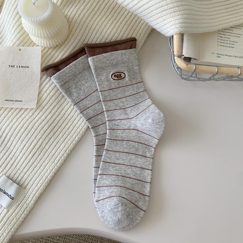 Women s Korean-Style Grey-Blue Color Block Egg Stripe Socks - Double Ribbed Combed Cotton Mid-Calf Slouch Socks One Size