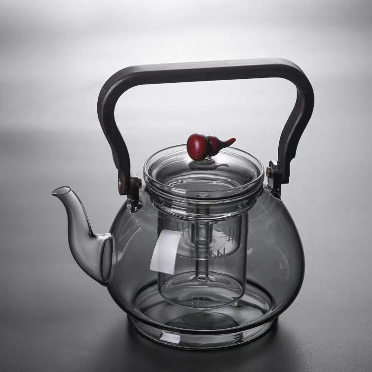 Large Capacity 1000ml Steaming and Boiling Heat-resistant Glass Teapots With Infuser Filter Wooden Handle Lifting Beam Tea Pot