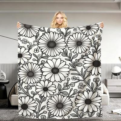Monochrome Floral Throw Blanket Sketch?Style Daisy Leaf Bloom Print Soft Blanket for Bed Sofa Couch Dorm Office Nap Home Decor