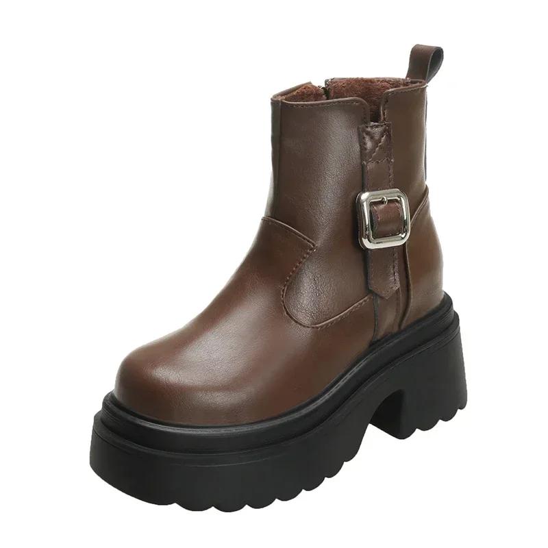 

Женские ботильоны 9,5 см, новинка 2025 года, женские кожаные короткие ботинки на платформе, высокие каблуки, зимние теплые ботинки на толстом меху для снегоступов 34 коричневый