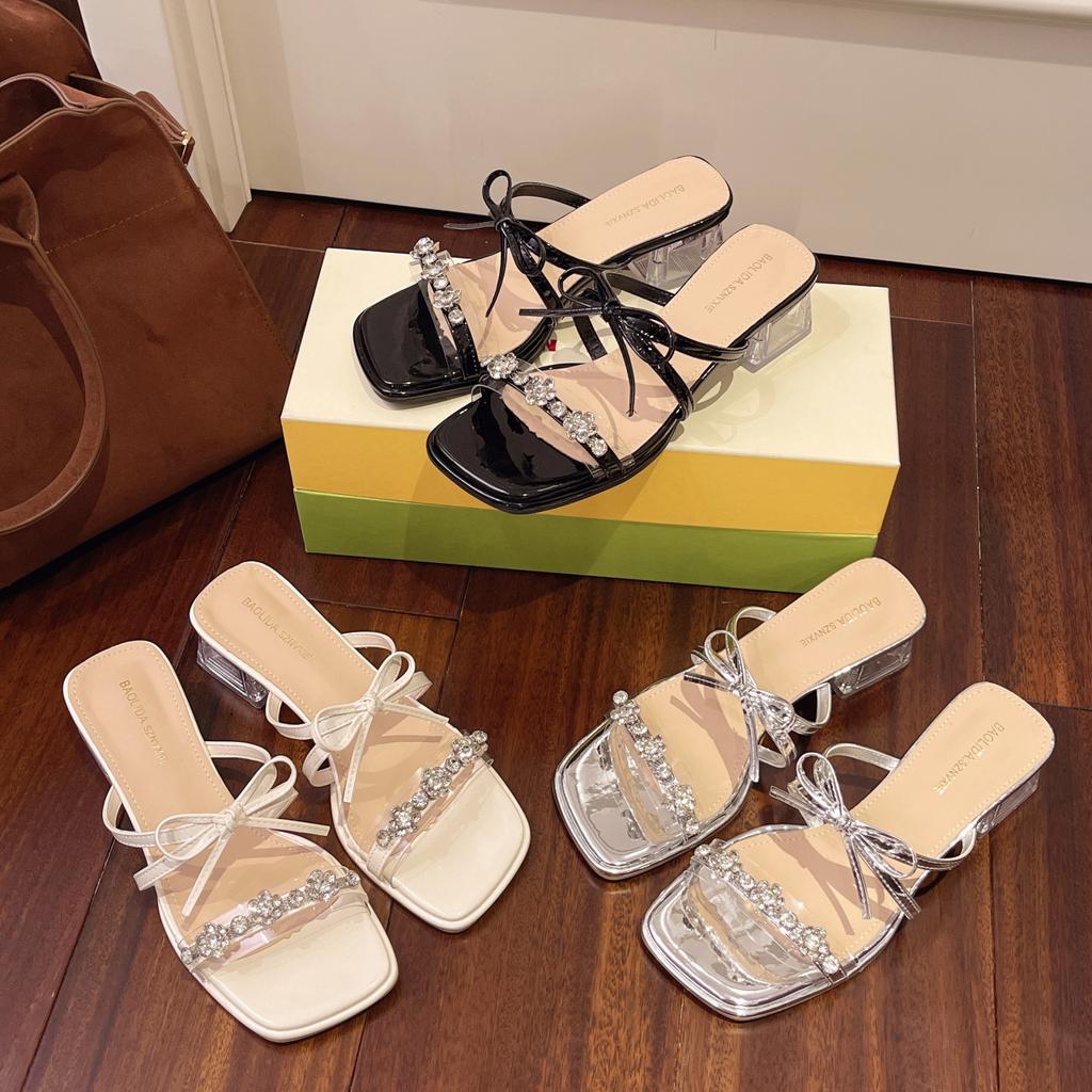 2025 summer new beautiful fairy style bow one-word slippers women's thick heel outer wear fashion sandals fashion skirt