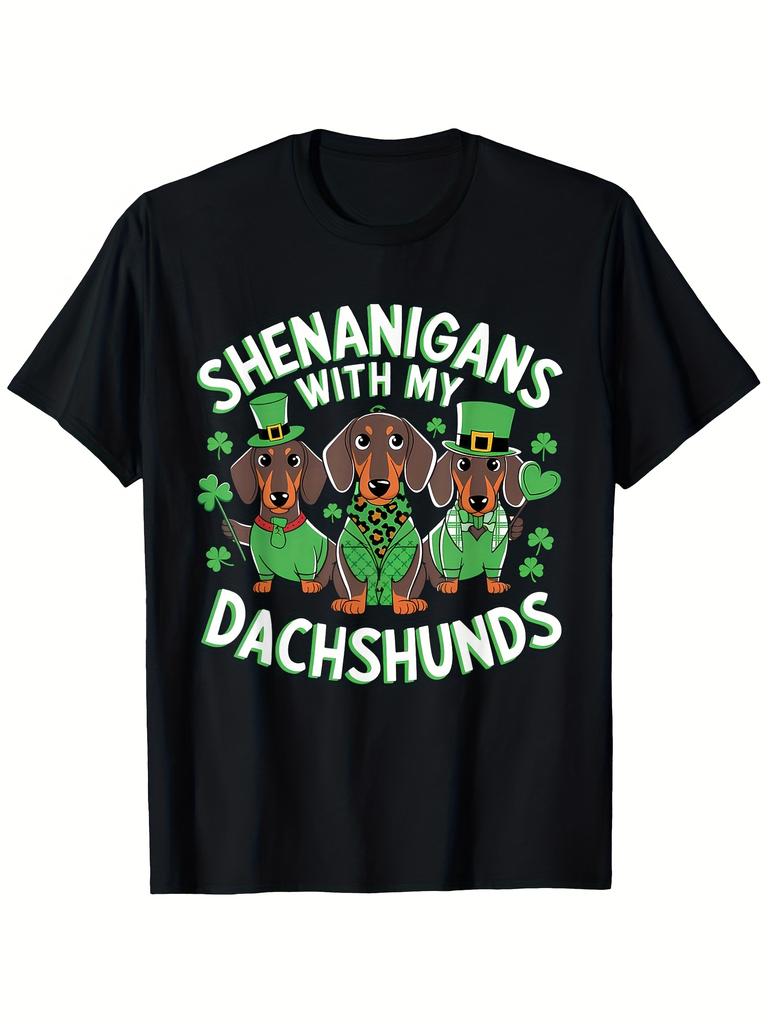 Shenanigans with My Dachshunds St Patrick Day Graphic Tee Soft Cotton Unisex Crew Neck Casual T-Shirt