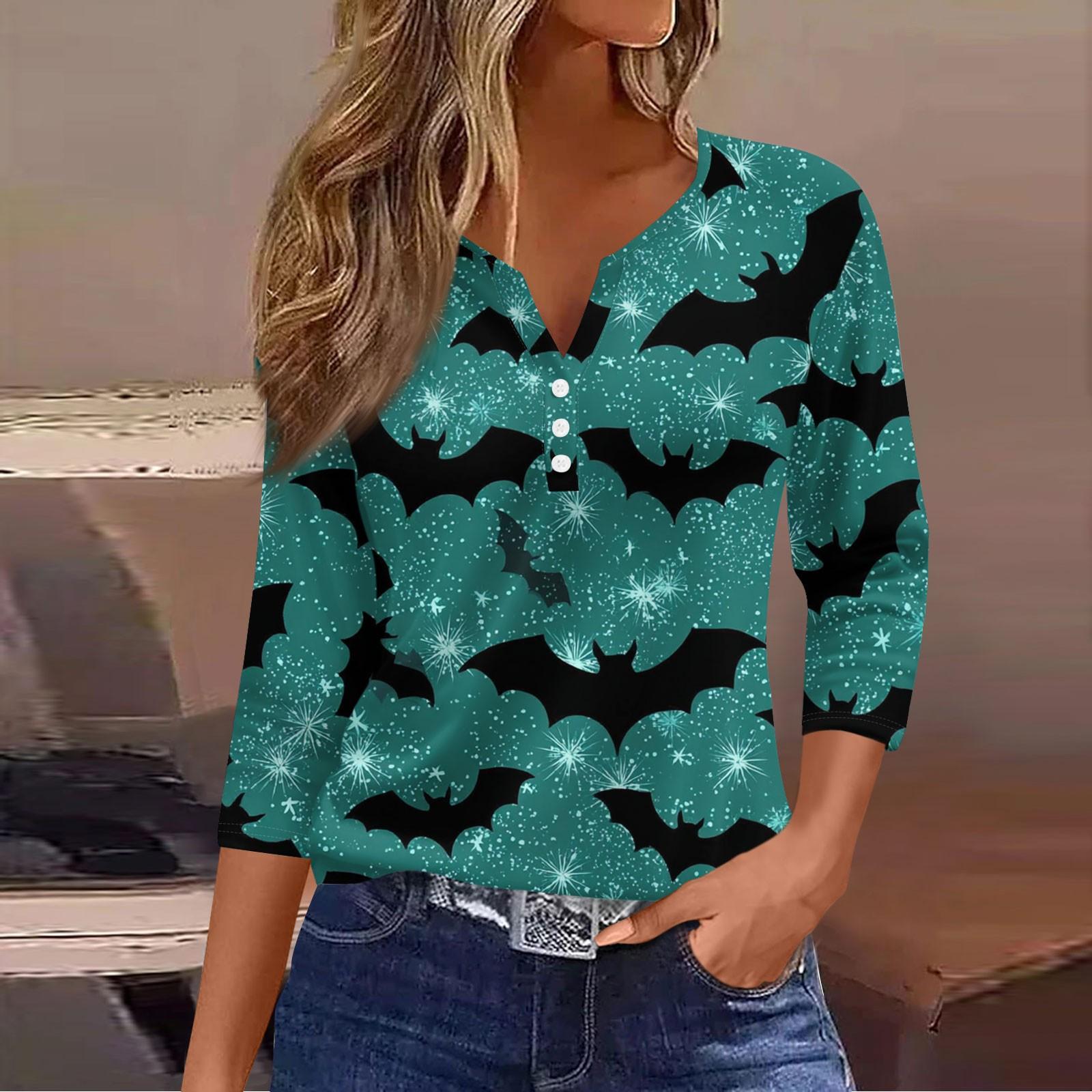 

Women s Casual Fashion V-neck Loose Versatile Halloween Print Three-quarter Sleeve Top XXL ціан