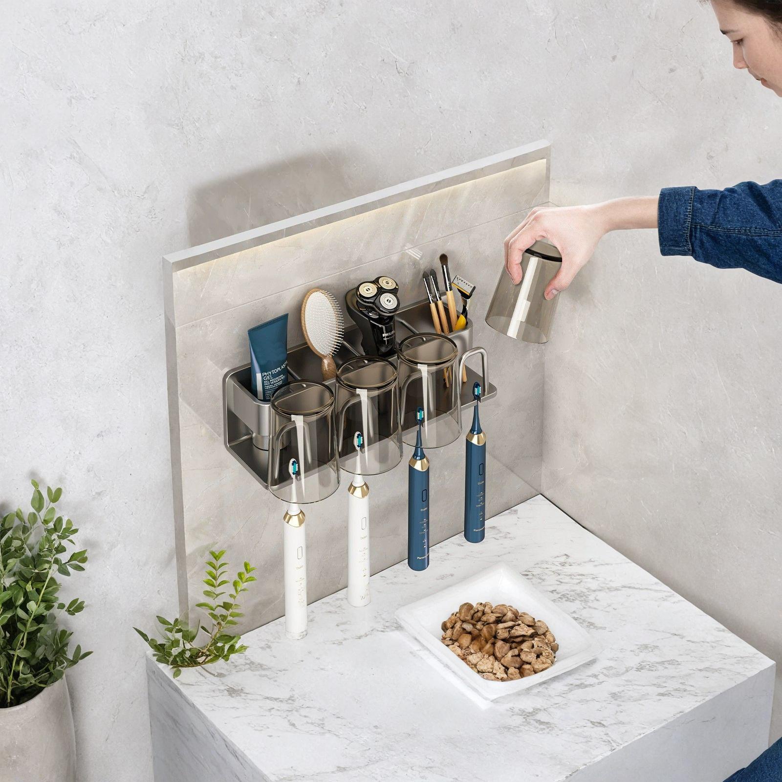 Wall Mounted Toothbrush Holder with 4 Cups No Drilling Bathroom Organizer one size
