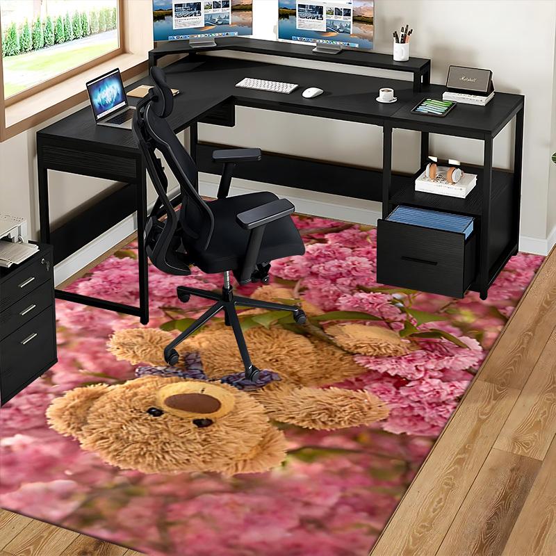 1pc Teddy Bear with Purple Bow Chair Mat - Anime Cartoon Design, Non-Slip Carpet for Office and Home Decor, Suitable for All Seasons.C053