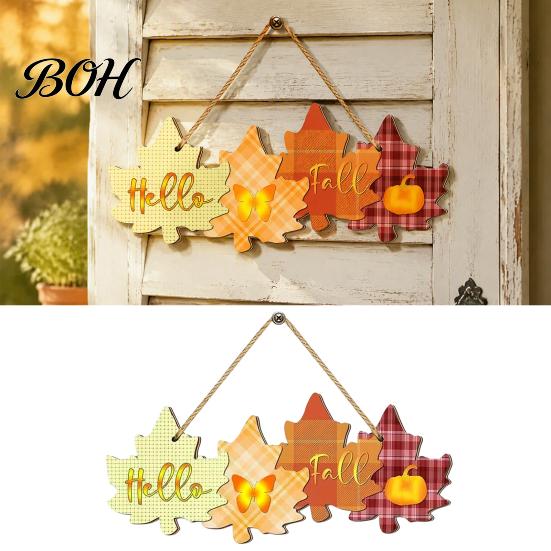 Farmhouse Seasonal Door Hanger Autumn Welcome Sign with Hanging Rope for Front Door, Rustic Maple Leaf Shape Wood Harvest Pumpkin Wall Decor
