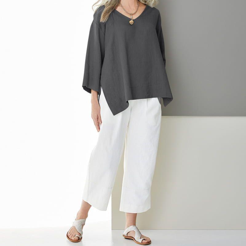 Vintage Art Style Cotton Linen Shirt With V Neck And Side Slits For Casual Wear