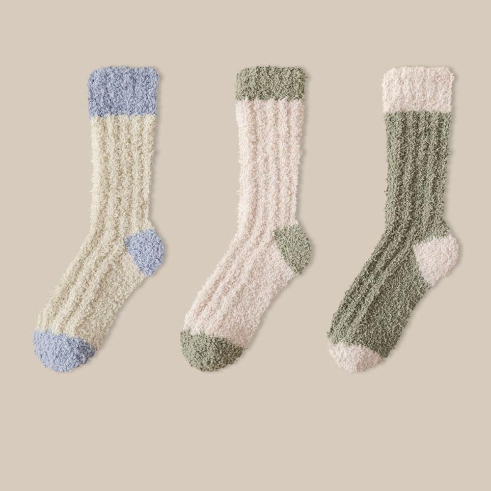 3Pairs Winter Coral Fleece Socks Sleeping Mid Tube Socks Women Kawaii Floor Plush Socks  Winter