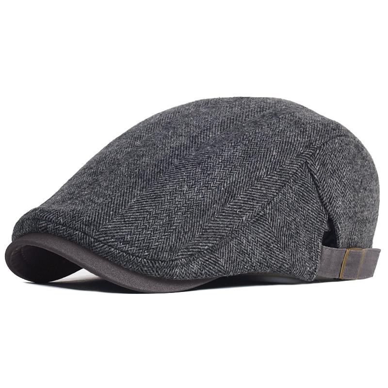 Große Größe Schiebermütze Herren Winter Wolle Dick Warm Vintage Fischgrät Lässig Streifen Baskenmütze Gatsby Flache Kappe Schirmmütze Verstellbar Adjustable 59-63 cm dunkelgrau