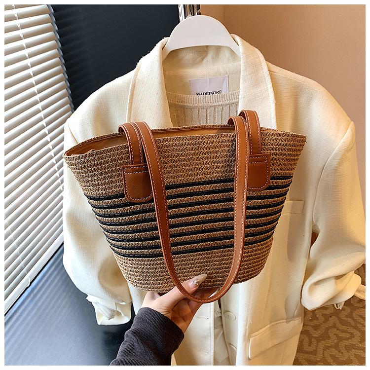Straw Bag Striped Woven Bag Straw Beach Travel Handbag Shoulder Bag Women's Bag Tote Bag