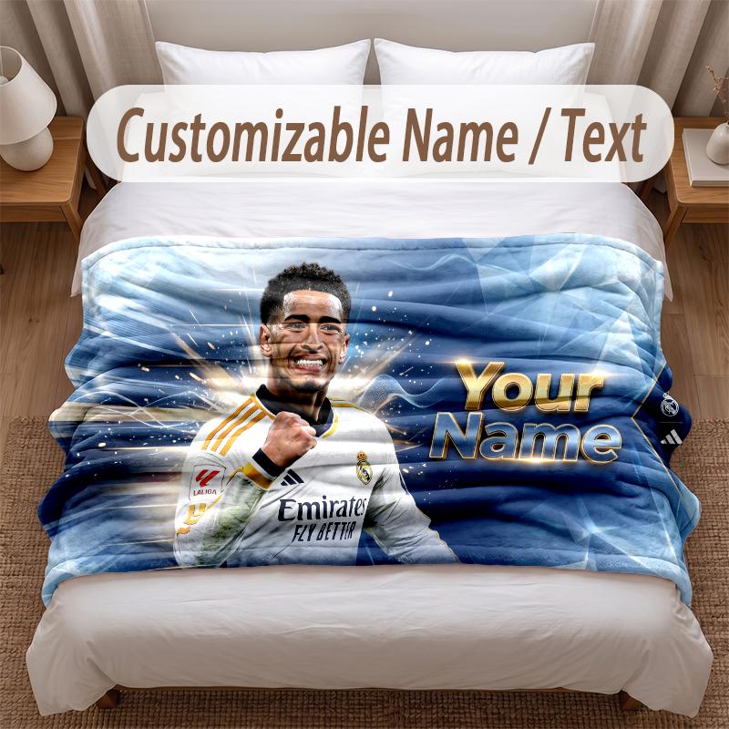Jude Bellingham Printed Flannel Blanket Custom Name Text Soft Warm Throw For Bedroom Holiday Gift