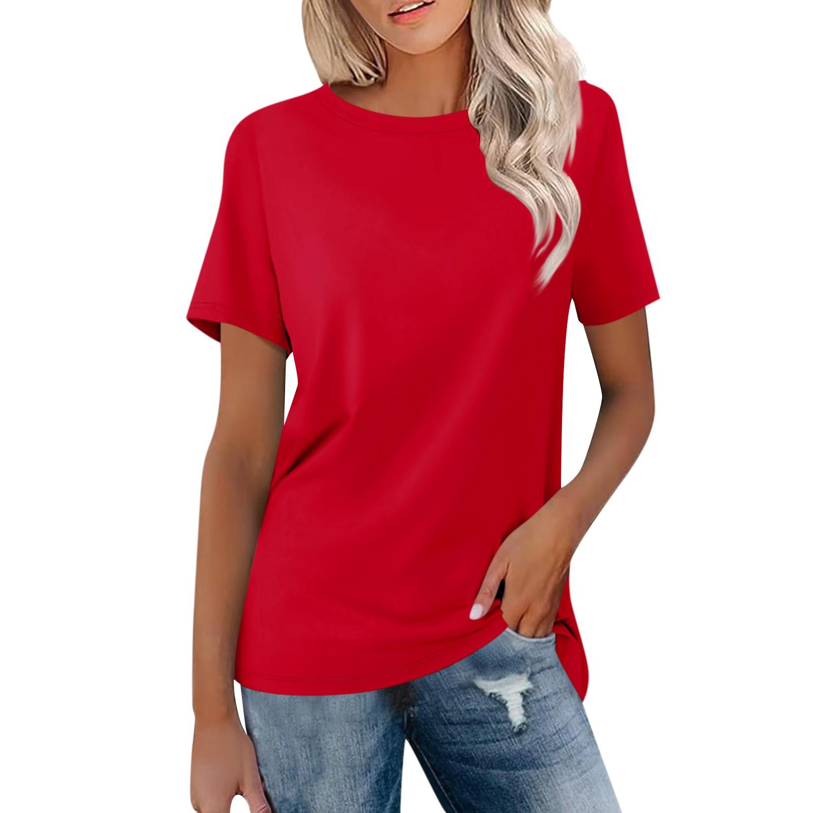 

Женская модная повседневная однотонная блузка с круглым вырезом и коротким рукавом XL красный