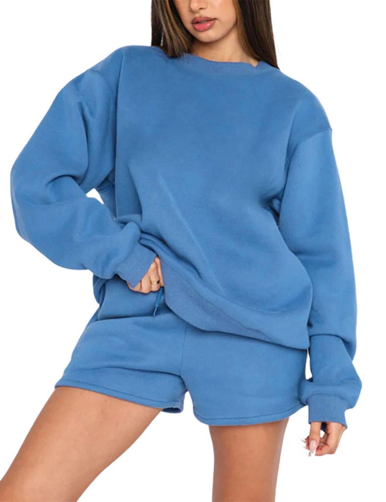 MAITA Ensemble de survêtement décontracté ample à la mode pour femme, couleur unie, col rond, sport, bleu, blanc, ensemble de vêtements de fitness