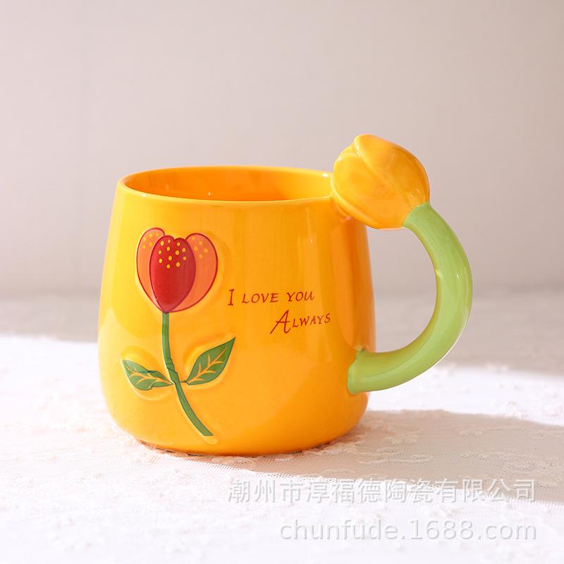 

Fresh Tulip Water Cup Personalized Ceramic Mug Three-Dimensional Flower Drinking Cup Souvenir Household Milk Cup 400ml помаранчевий