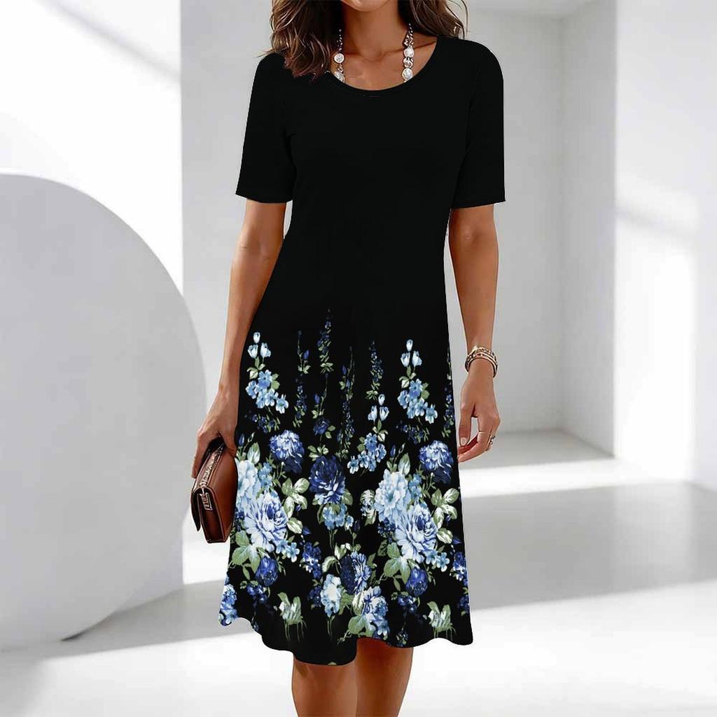 Moda damska Eleganckie piękne kwiatowe nadruki Lato Wiosna Krótki rękaw O-Neck Sukienki codzienne