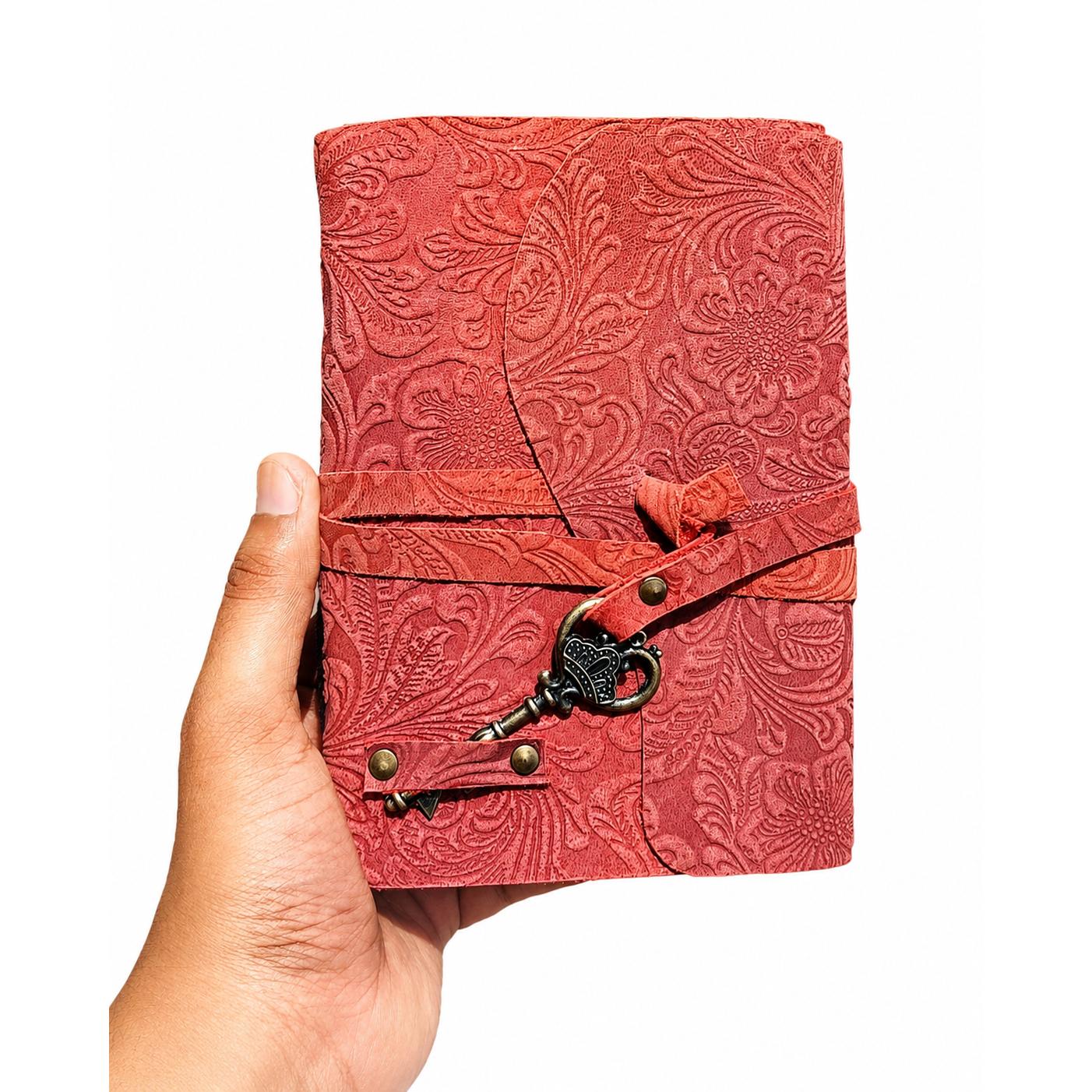Handmade Embossed Leather Journal with Antique Key – Vintage Writing Diary 7 x 5 inch
