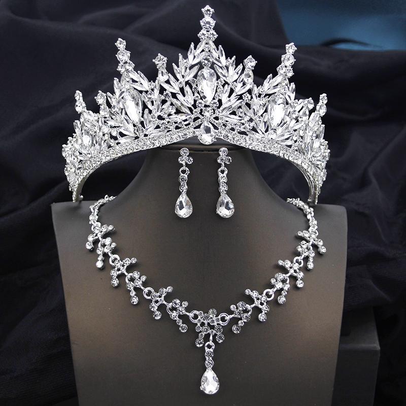 Queen Bridal Jewelry Sets for Women Pink Tiara Wedding Dress Crown With Necklace Earring Set Party Birthday Costume Accessories