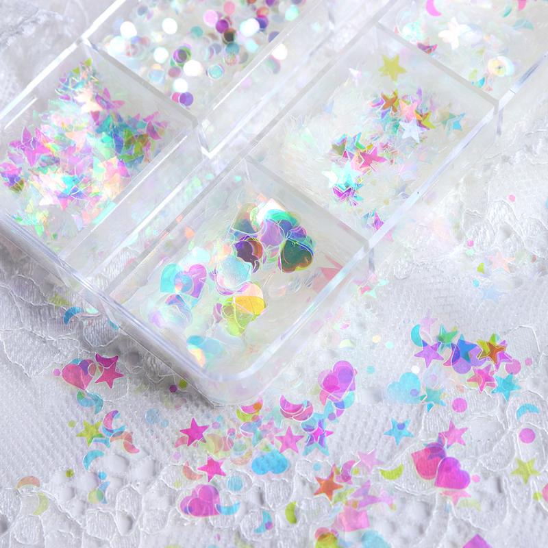 Mini 6 Grid Transparent Rainbow Light Nail Enhancement Sequins Decoration Love Star Moon Nail Accessories Nail DIY Material
