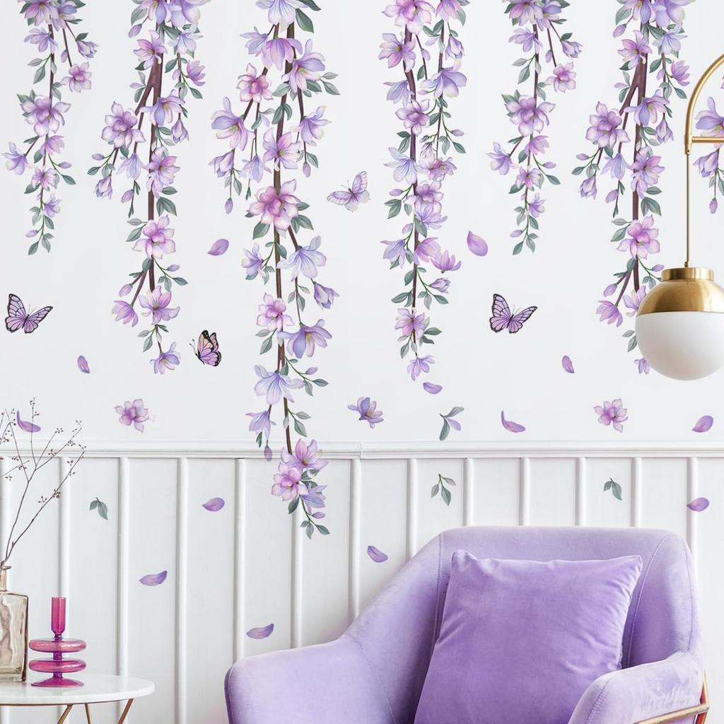 Purple Flower Butterfly Wall Decals, Watercolor Hanging Floral Self-Adhesive Stickers for Bedroom Girls Room Living Room