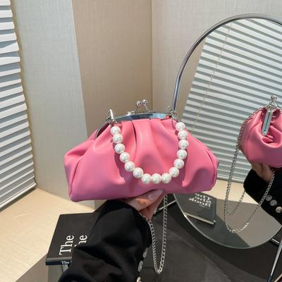French Elegant Women Pu Shell Shoulder Bags Large Capacity Ladies Clip Crossbody Bag Pleated Cloud Design Pearl Handbags Clutch