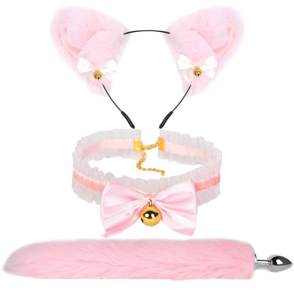 SM Fox Tail Three-Piece Set: Anal Plug, Collar & Nipple Clamps - Adult Toys for Women