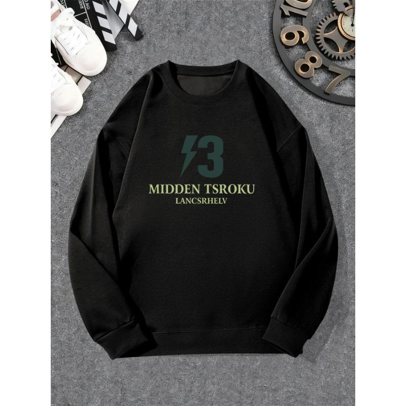 Men's Casual Crew Neck Sweatshirt With Lightning 3 Logo, Loose Fit Solid Color Slight Stretch.