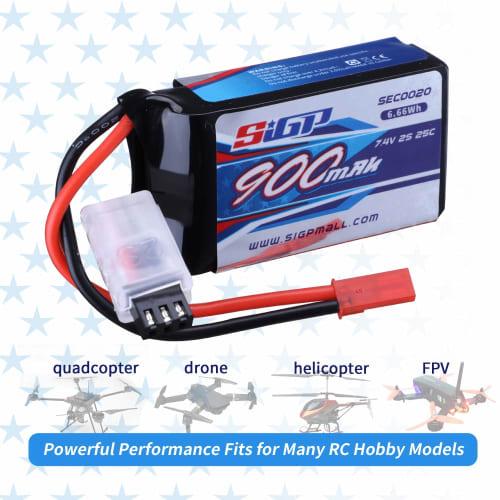 SIGP 7.4V 2S LiPo Baterie 900mAh 25C Měkký Akumulátor s JST Konektorem pro RC Letadlo Kvadrokoptéru Helikoptéru Dron FPV Závodní Hobby 2-Balení