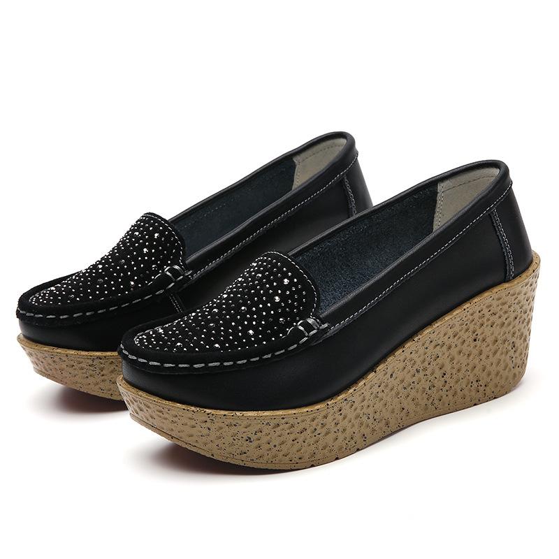 Women Wedge Heels Leather Platform Shoes Non-slip Casual Walking Shoes Slip-on Low-cut Loafers Elegant Mother Shoes