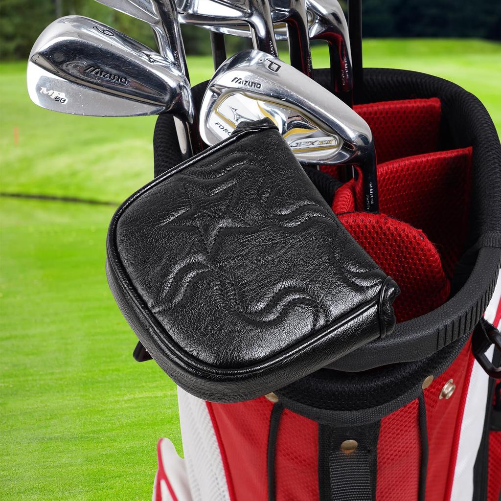 Golf Putter Cover, Magnetic Closure, Square Mallet, Club Head Cover, Stylish, Star Embroidery, Black Synthetic Leather