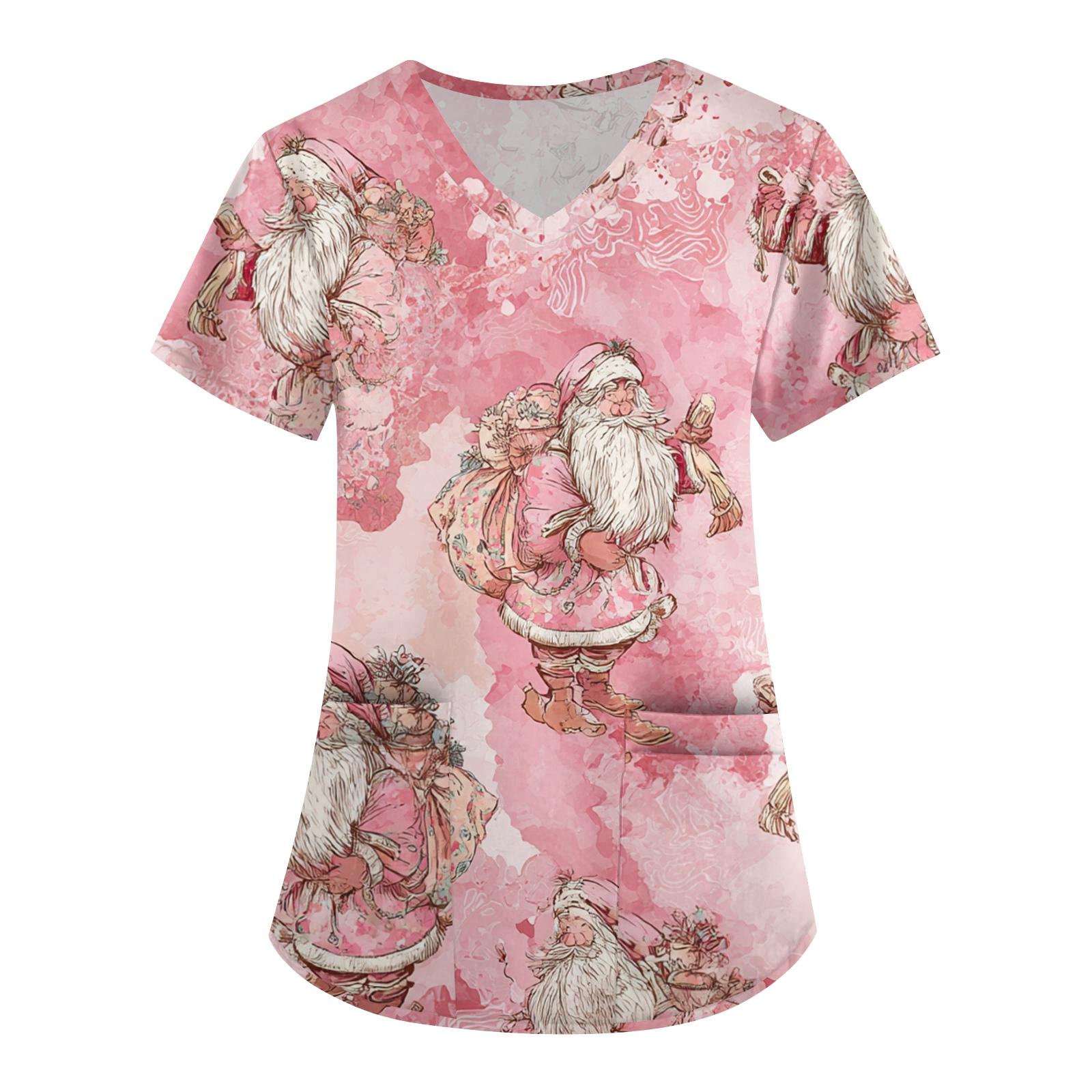 

Women s Printing Uniform Work Uniform V-neck Pockets Basic Short Sleeve Pullover Top XXXXL розовый