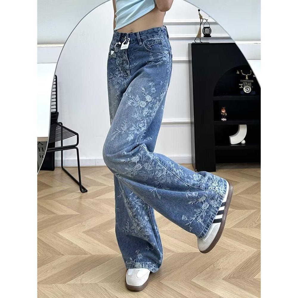 Dámské podzimní široké džíny s žakárovou výšivkou - Volný střih, délka až na zem pro postavu hrušky