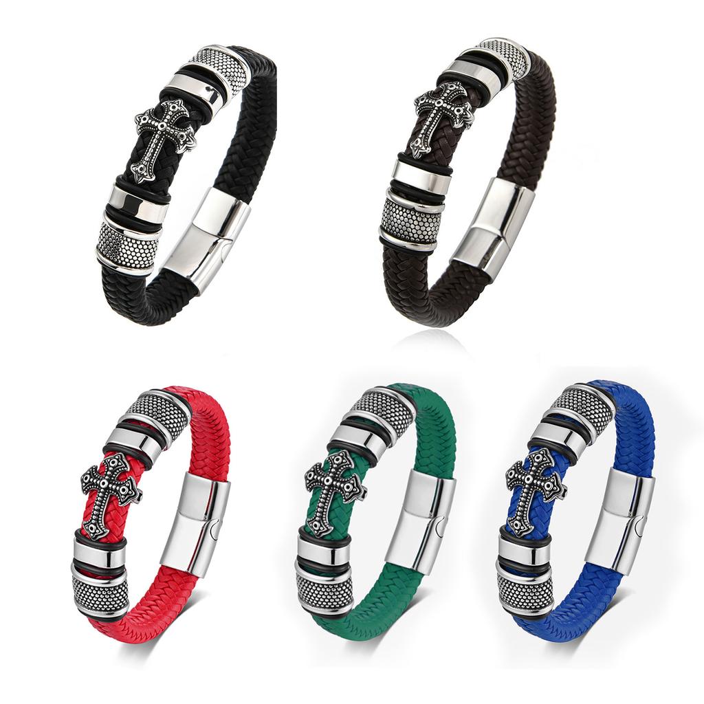 European and American Magnetic Buckle Woven Leather Bracelet Retro Cross Men's Bracelet 2026