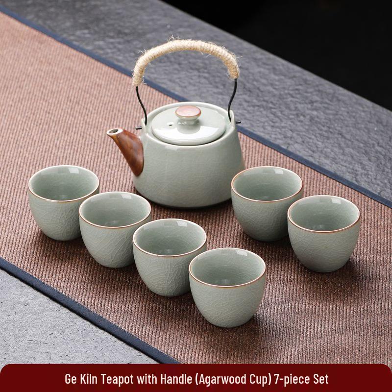 Ge Kiln Ceramic Kung Fu Tea Set - 7-Piece with Beam Handle Pot