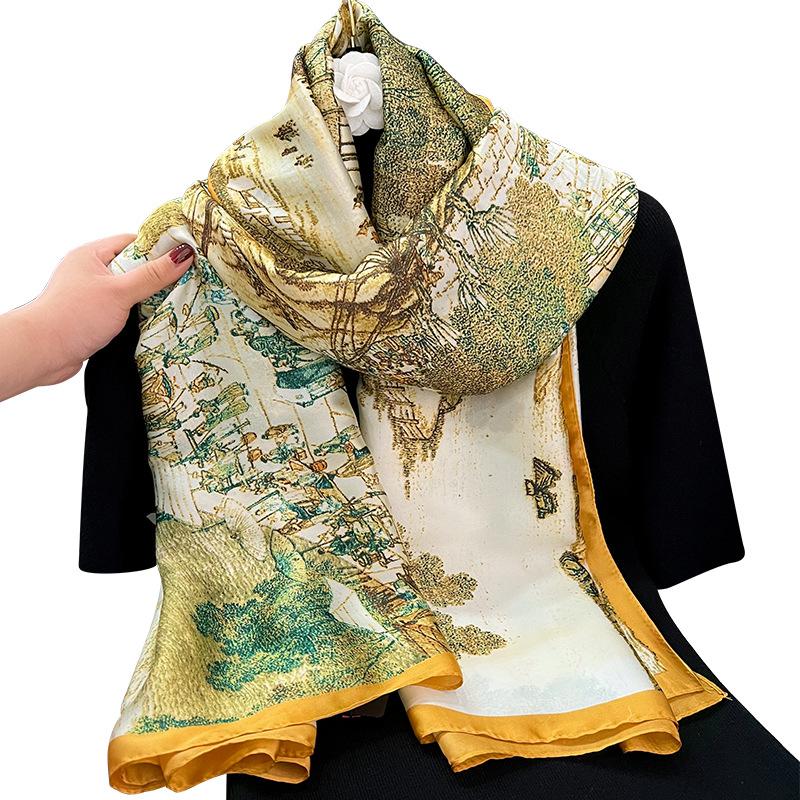 Qingming Shanghetu Long Towel Sunscreen Versatile Printing Imitation Silk Scarf Women's Long Silk Scarf Beach Towel