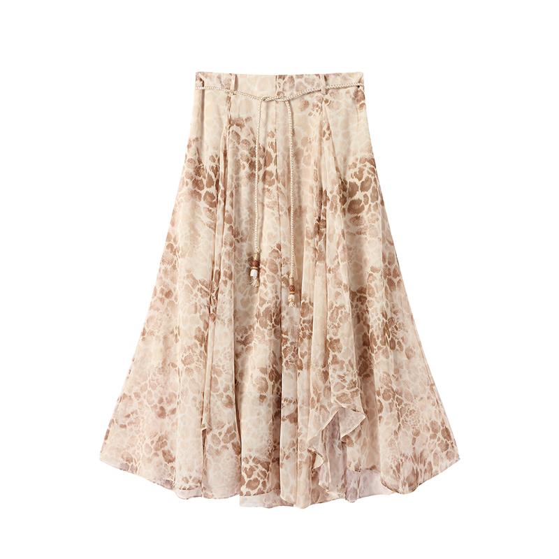 

GREEN BELT Leopard Print A-Line Midi Skirt L