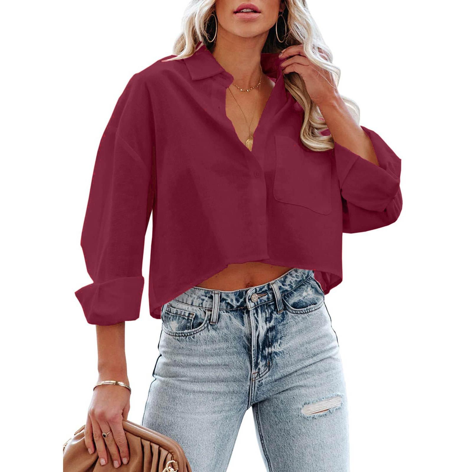 Women s Fashion Casual Color Outer Long Sleeve Buttoned Buttoned Temperament Shirt Top S красный