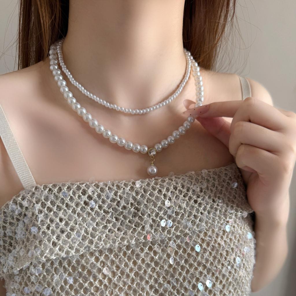 French Double Layer Single Pearl Necklace, Unique Elegant Stackable Clavicle Chain