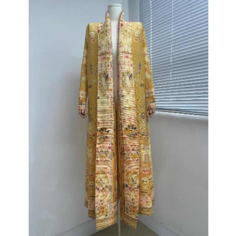 Pleated Vintage Printed Turn-down Collar Long Sleeve Mix Women Coat Woman Winter  Dubai Style Plus Size Robe Coat