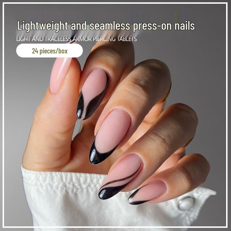 

24 штуки градиентных черных полосатых накладных ногтей в форме капли воды - маникюр в стиле горячей девушки Gold Plated Topcoat with Glue